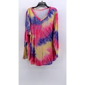 UNBRANDED Women's Plus Pink-Multi Tie-Dye Long Sleeve V-Neck Top SZ 26W